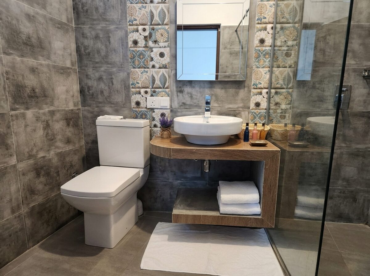 Ensuite bathroom with wooden vanity and rain shower