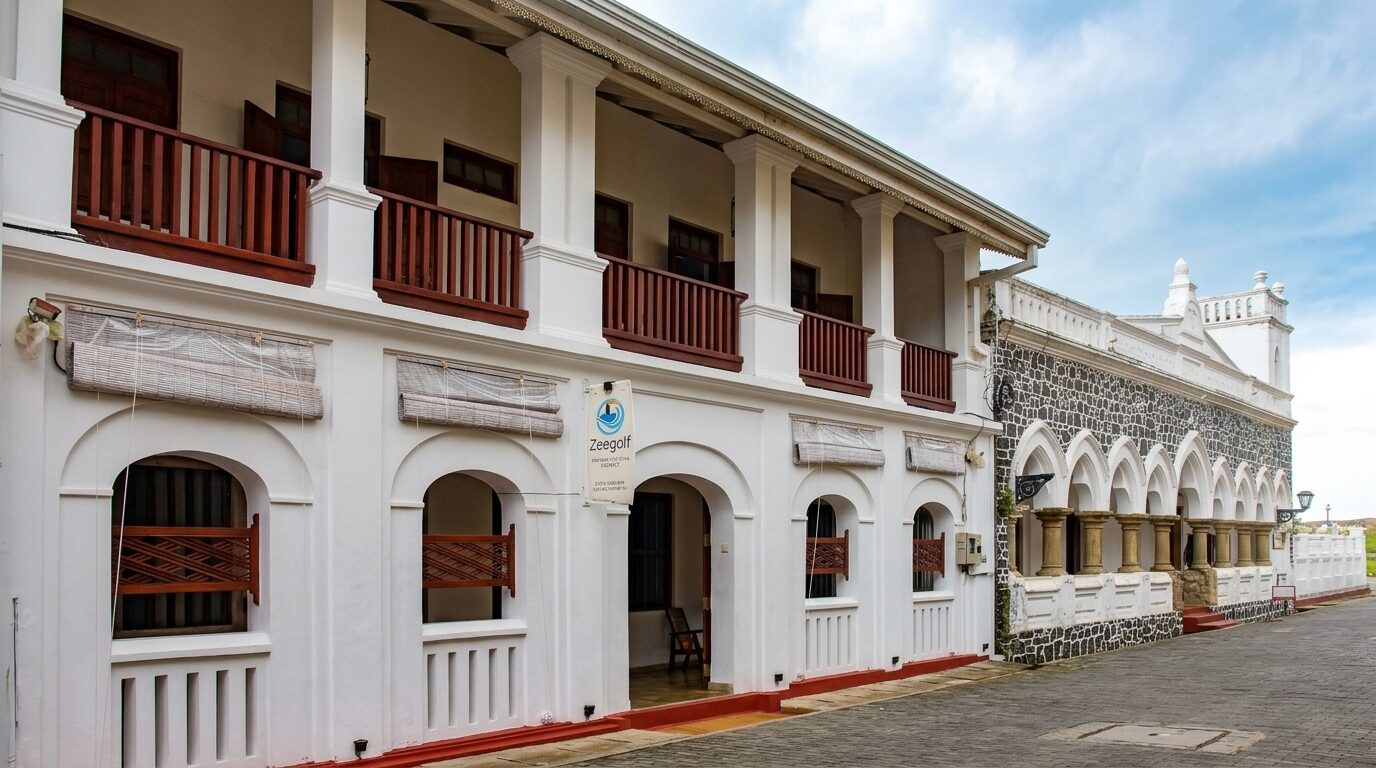 Zeegolf Hotel — white Dutch-colonial facade with teak balconies, Galle Fort